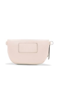 Pochette in pelle di un rosa morbido, forma arrotondata, con una pallina rettangolare sul davanti e chiusura a zip con un accento a frangia.