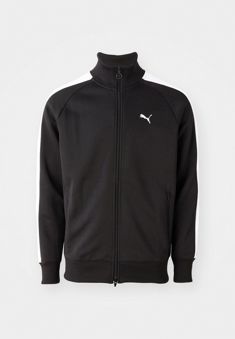 Veste de sport noire zippée avec des bandes blanches sur les manches, col et poignets côtelés, et logo Puma blanc sur la poitrine gauche.