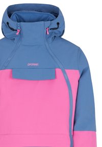 Chaqueta con capucha en diseño de bloques de color azul y rosa. Cuenta con cierre de cremallera, bolsillo frontal y cordones ajustables en la capucha.