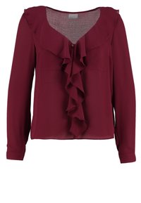 Blusa a maniche lunghe bordeaux con parte anteriore e scollo arricciati, dettagli con bottoni al centro in alto, tessuto leggero.