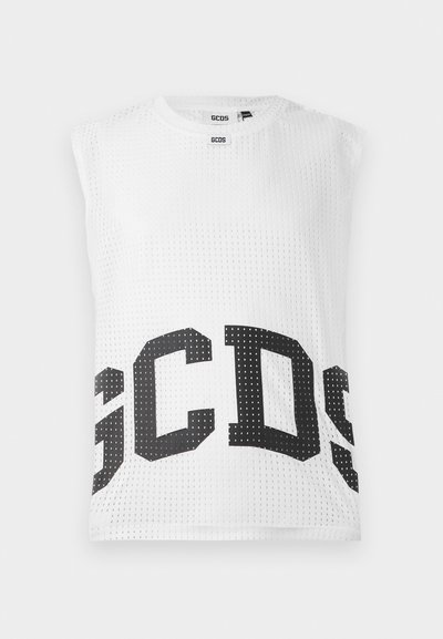 Hvid ærmeløs top med en mesh-struktur, der har store sorte "GCDS" bogstaver på forsiden. Rund halsudskæring og afslappet pasform.