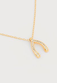 Χρυσό κολιέ με αλυσίδα και μενταγιόν σε σχήμα κόκκαλο επιθυμίας, διακοσμημένο με μικρές διαφανείς πέτρες, πάνω σε ανοιχτό φόντο.