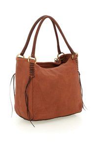 Borsa a tracolla in pelle marrone con doppi manici, dettagli in pizzo laterali e anelli in metallo dorato su uno sfondo bianco.