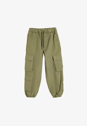 Cargo-bukser i olivengrøn med elastisk talje, snøre og flere sidelommer. Fremstillet af let, glat stof.