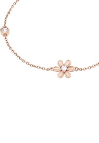 Bracciale in rosato con catena che presenta un design a fiore con accenti a petalo e una pietra centrale. Stile a link semplice con piccoli dettagli decorativi.