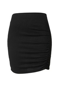 Zwarte mini-jurk van textuurstof met verzamelde details aan de zijkanten, met een hoge taille en een aansluitend ontwerp.