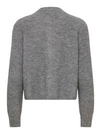 Gray knitted cardigan with a ribbed texture, long sleeves, and a cropped cut. Simple design with no visible fastenings or embellishments.