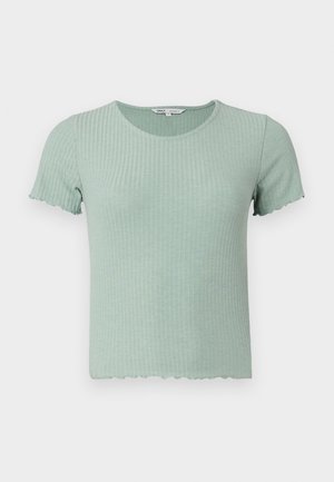 Light green ribbed cotton t-shirt with short sleeves and a scalloped hem. Features a round neckline and soft texture.