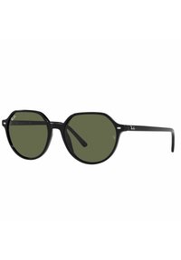 Occhiali da sole neri con montatura ottagonale, lenti colorate di verde e aste nere sottili. Presentano il logo Ray-Ban sulla lente superiore sinistra e sull'asta.