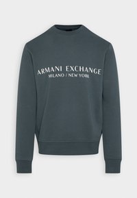 Felpa grigia scura con scollo a giro, con la scritta bianca "ARMANI EXCHANGE MILANO / NEW YORK" sul petto e polsini a costine.