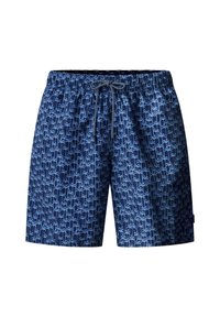 Shorts de bain bleu marine avec motif de palmiers bleu clair, taille élastique et cordon de serrage noir et blanc à l'avant au centre.