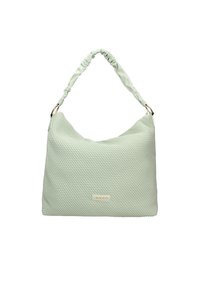 Borsa verde chiaro con texture, dal design morbido, caratterizzata da un manico arricciato e un sottile accento con logo sul davanti.