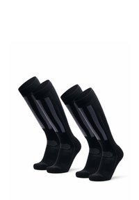 Calze nere fino al ginocchio con texture a coste e strisce grigie riflettenti lungo i lati. Include tallone e punta rinforzati per una maggiore durata.