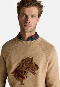 Kohvane kudum, millel on detailne broderi kujundusega koer, kasutades pruuni ja punaseid toone. Raglan varrukad ja soonikkoes kaelus lisavad tekstuuri.