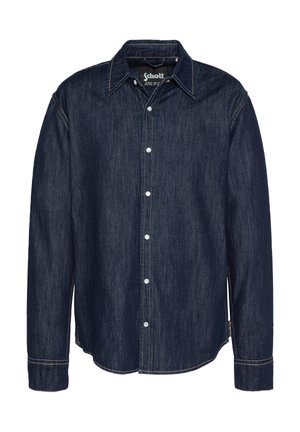 Camicia di denim blu scuro con maniche lunghe, colletto a punta, chiusura frontale con bottoni e cuciture a contrasto. Presenta un orlo dritto con fessure laterali.