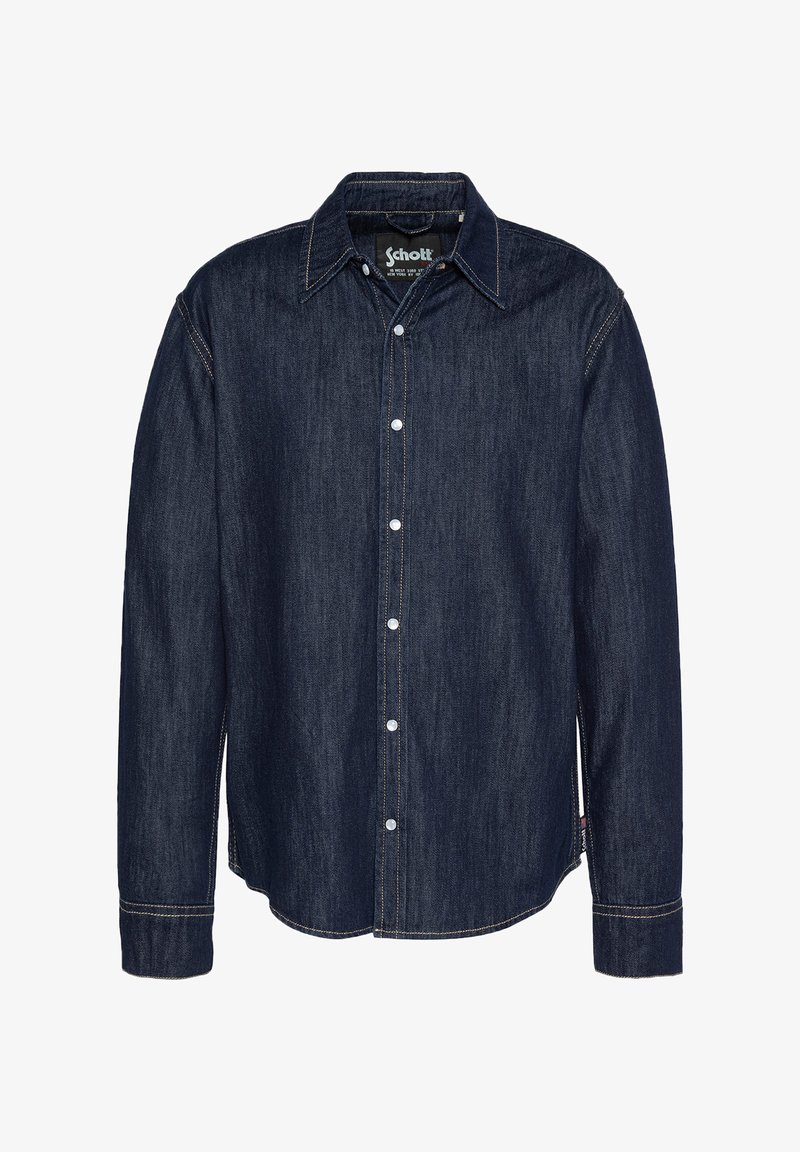 Chemise en denim bleu foncé à manches longues, avec un col pointu, une fermeture à boutons et des surpiqûres contrastantes. Elle présente un ourlet droit avec des fentes sur les côtés.