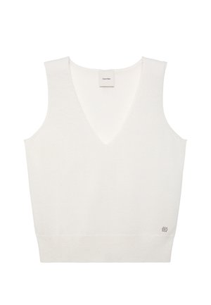 Weißes ärmelloses V-Ausschnitt-Stricktop mit breiten Schulterträgern und einem kleinen silbernen Logo-Tag am unteren rechten Saum.