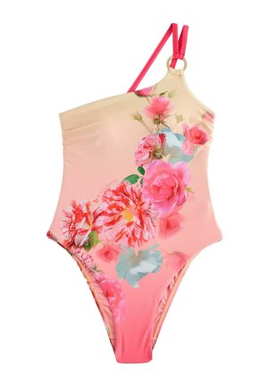 Costum de baie roz în degrade cu o singură bretea și imprimeu floral, având flori roz deschis și albe și două bretele înguste cu detaliu în formă de inel.