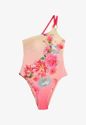 Rózsaszín, egyvállas, ombre hatású fürdőruha virágmintával, élénk rózsaszín és fehér virágokkal, dupla vékony pántokkal, gyűrűs részlettel.