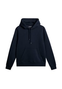 Marineblå bomulds hoodie med en frontkangaroo lomme, snoretræk i hætten, ribbede manchetter og præget logo på brystet. Glat tekstur.