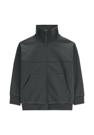 Ciemnoszara kurtka na zamek z wysokim kołnierzem, długimi rękawami, ściągaczami na mankietach i dole oraz przednimi kieszeniami typu kangurka.