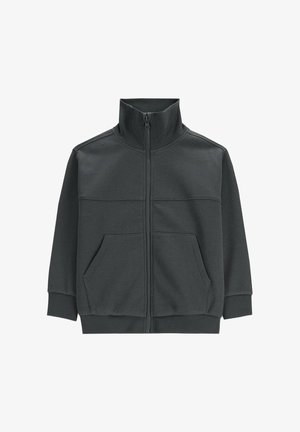 Ciemnoszara kurtka na zamek z wysokim kołnierzem, długimi rękawami, ściągaczami na mankietach i dole oraz przednimi kieszeniami typu kangurka.