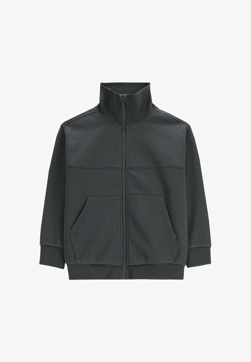 Ciemnoszara kurtka na zamek z wysokim kołnierzem, długimi rękawami, ściągaczami na mankietach i dole oraz przednimi kieszeniami typu kangurka.