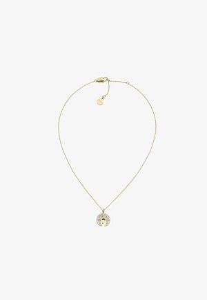 Goldkette mit rundem Anhänger, ausgestattet mit einem klaren Strassdesign und einem ausschnittbaren Buchstaben "A" in der Mitte. Verstellbare Länge.