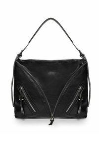 Sac en cuir noir avec un design triangulaire, comportant trois poches zippées et une bandoulière élégante. Texture lisse, branding minimal.