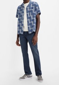 Camicia button-up con un motivo a quadretti blu e bianchi, abbinata a jeans blu scuri e sneakers grigie con dettagli bianchi.