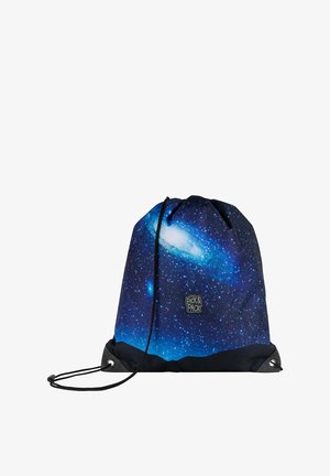 Zakken met trekkoord, voorzien van een sterrenstelsel print in blauw en zwart, gemaakt van duurzame stof, met een zwarte basis en verstelbare koorden.