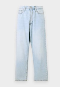 Light blue denim jeans with a loose fit, high waist, and straight legs. Features front pockets and belt loops. No visible distressing.