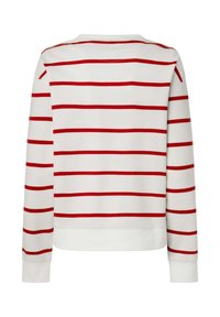 Sudadera blanca con rayas horizontales rojas, cuello redondo, mangas largas, puños y dobladillo acanalados. Tejido suave de grosor medio.