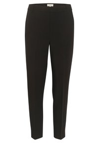 Black tapered trousers with a smooth texture, featuring a flat front, side pockets, and a clean waistband design.