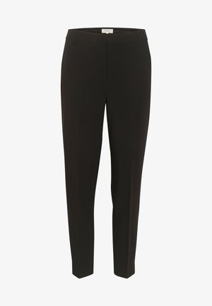Pantalons noirs fuselés avec une texture lisse, présentant un devant plat, des poches latérales et un design de taille épuré.