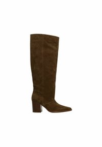 Brown suede knee-high boot with pointed toe and stacked block heel, shown from the side on a white background.