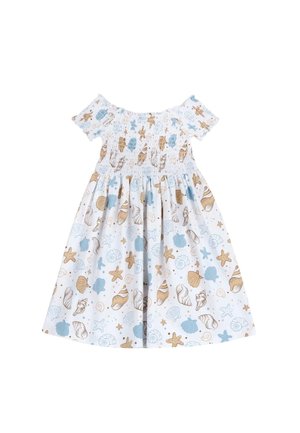 Abito off-the-shoulder con corpino arricciato e gonna svasata, realizzato in tessuto leggero con una stampa a tema marino nei toni di blu e beige.