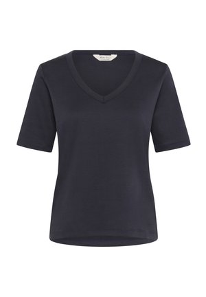 Granatowa koszulka t-shirt z krótkim rękawem w serek, wykonana z miękkiego materiału o gładkiej strukturze i luźnym kroju. Prosty design bez wzorów czy dodatków.