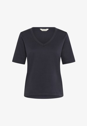 Navy blue short-sleeve V-neck t-shirt in soft fabric with a smooth texture and a relaxed fit. Simple design with no patterns or accents.