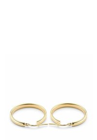 Złote kolczyki hoop o gładkim, zaokrąglonym kształcie, z zapięciem na zawias i polerowanym wykończeniem. Każdy kolczyk ma cienki, elegancki profil.