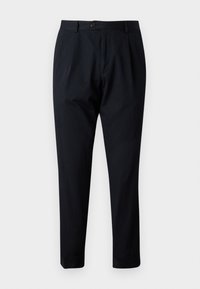Black tailored trousers, made of a smooth fabric, featuring a single front pleat, button closure, and straight legs with cuffed hems.