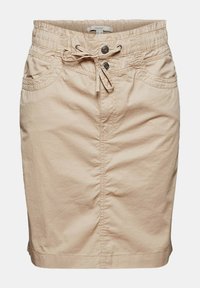 Jupe en mélange de coton beige avec une taille élastique, détail de cordon de serrage et deux poches latérales ; présente des accents cousus sur la taille.