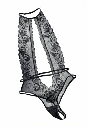 Black lace lingerie bodysuit with floral patterns, deep plunging neckline, and thin adjustable straps.