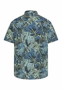 Short-sleeve men's shirt with a tropical leaf pattern in shades of blue, black, and gray on a light green background.