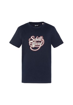 Granatowy t-shirt z krótkim rękawem z napisem „Schott Official” w stylizowanym białym i czerwonym piśmie z przodu.