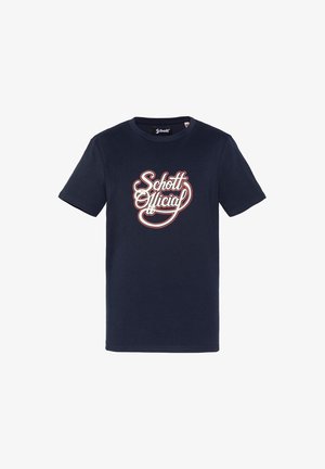 Marineblaues Kurzarm-T-Shirt mit „Schott Official“ in stilisierter weißer und roter Schrift auf der Vorderseite.