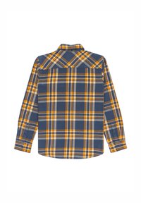 Košeľa s dlhým rukávom v károvanom vzore s modrými, žltými a bielymi štvorcami, s gombíkovými manžetami a golierom zobrazená zozadu.