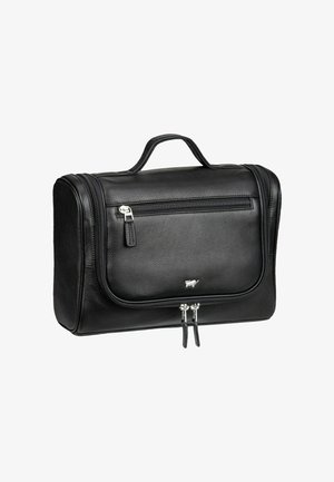 Sac en cuir noir avec une finition texturée, une poignée supérieure, une poche zippée à l'avant et des détails en métal argenté. Comprend une double fermeture éclair sans marque visible.