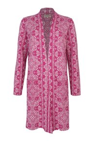 Long, pink kimono with white floral patterns, open front, long sleeves, and two front pockets. Fabric shows a textured, woven appearance.