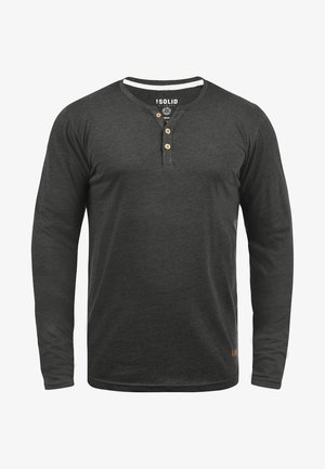 Long-sleeve gray henley shirt made of soft fabric, featuring a rounded neckline, three button placket, and a small logo label at the hem.